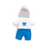 Babaruha - kék nadrág, fehér pulóver,csíkos sapka, 21 cm-es babához